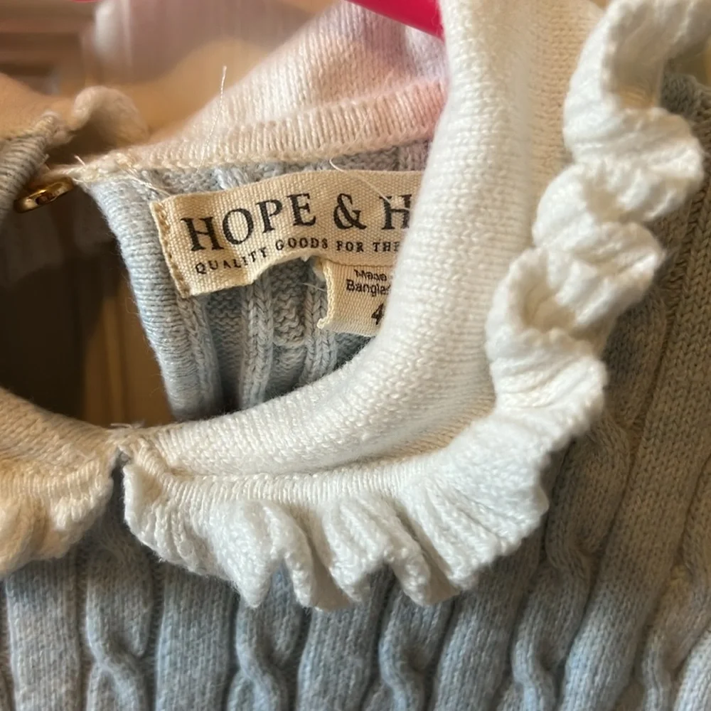 Classic Cable Knit Light Blue Girls' Dress with Ruffled Collar